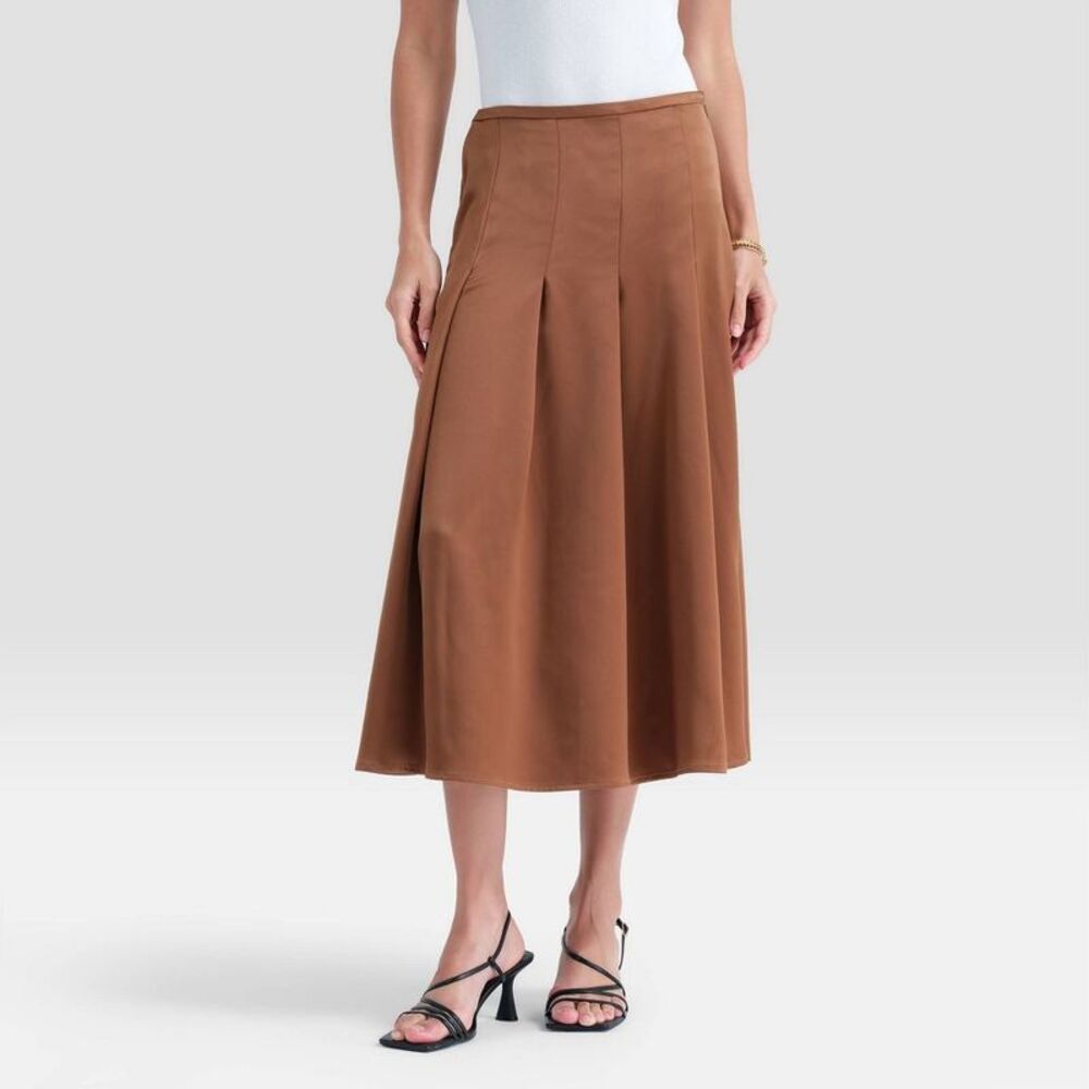 Women's Vertical Split Pleated Satin Midi Skirt - A New Day Camel M